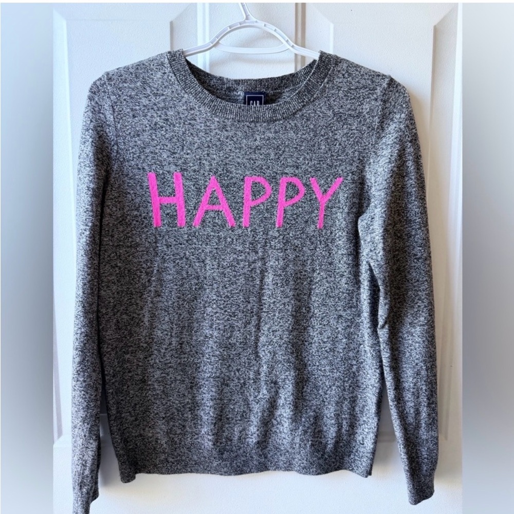 GAP Happy Sweater Gray Pink Graphic Crewneck Lightweight Women’s Small